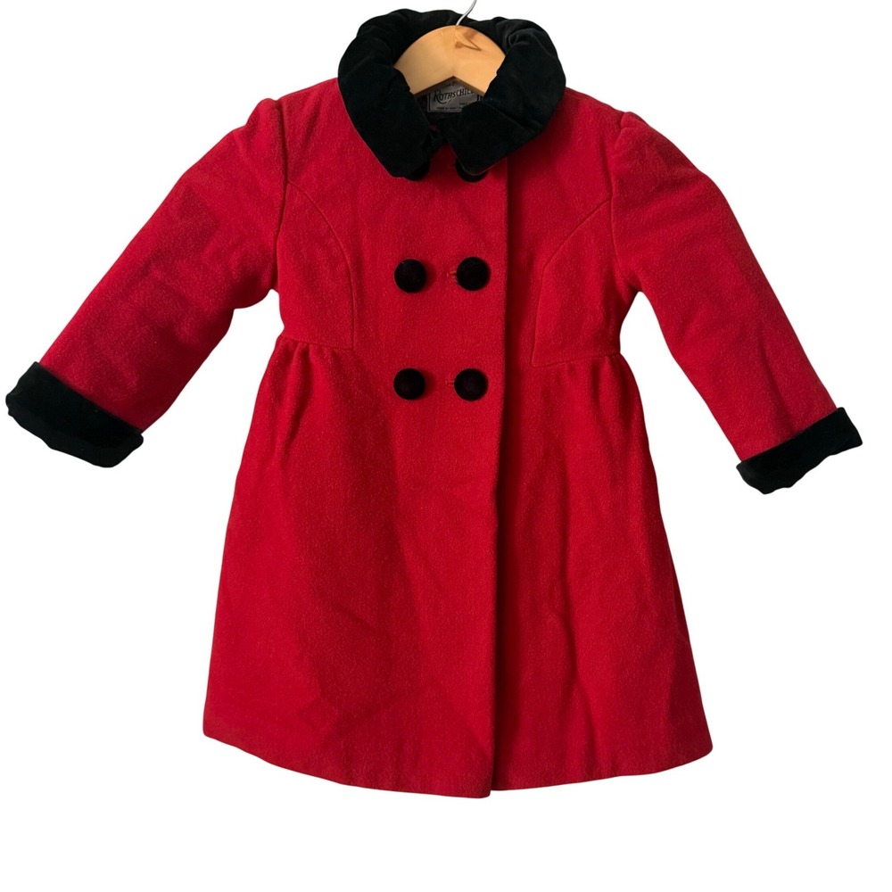 Rothschild Kid Sz 3T Red Pea Coat Wool Blend Double Breasted Coat Black Trim Bow